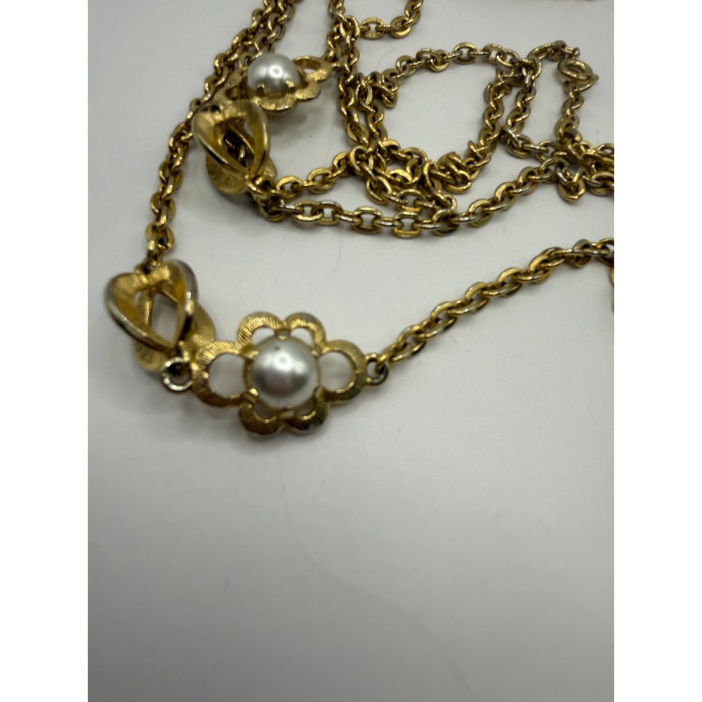 Vintage Gold Faux Pearl Floral Station Long Double Strand Chain Necklace Retro - Picture 3 of 9